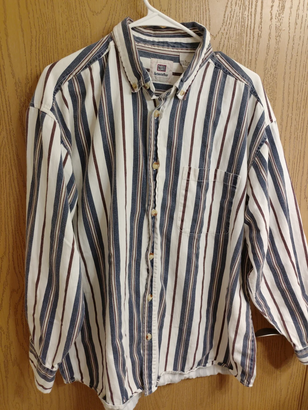 Faded Glory White Button-Down Shirt with Navy & Brown Stripes